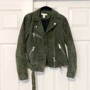 H&M Faux Suede Olive Biker Jacket EUC